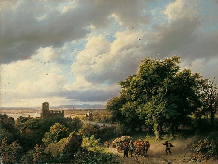 Barend Cornelis Koekkoek Flublandschaft mit Ruine und Pferdewagen